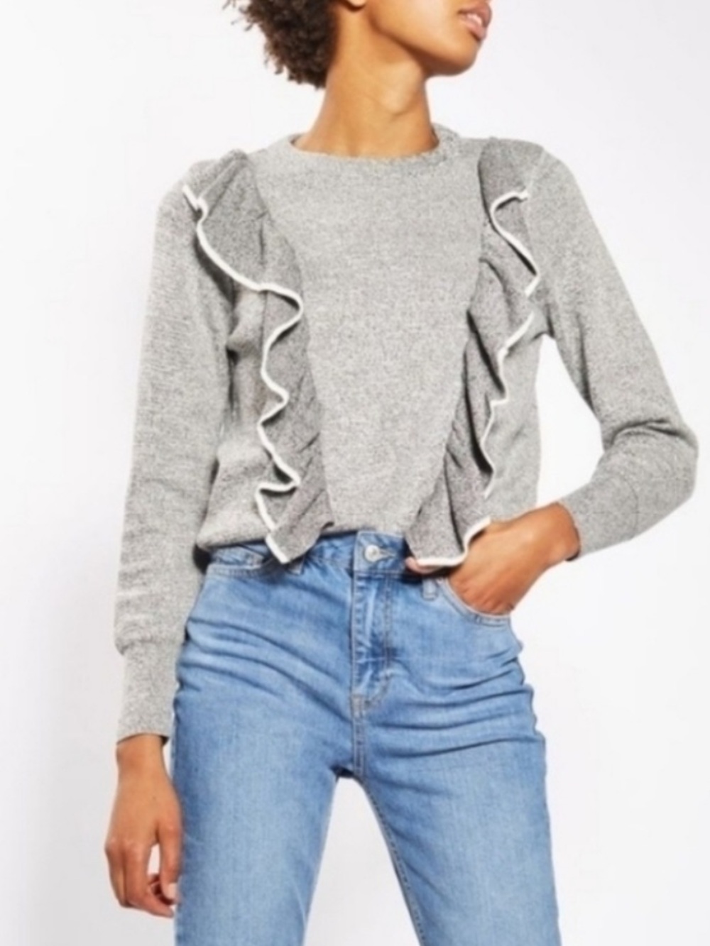 TOPSHOP Women’s Gray Ruffle Trim Knit Sweater